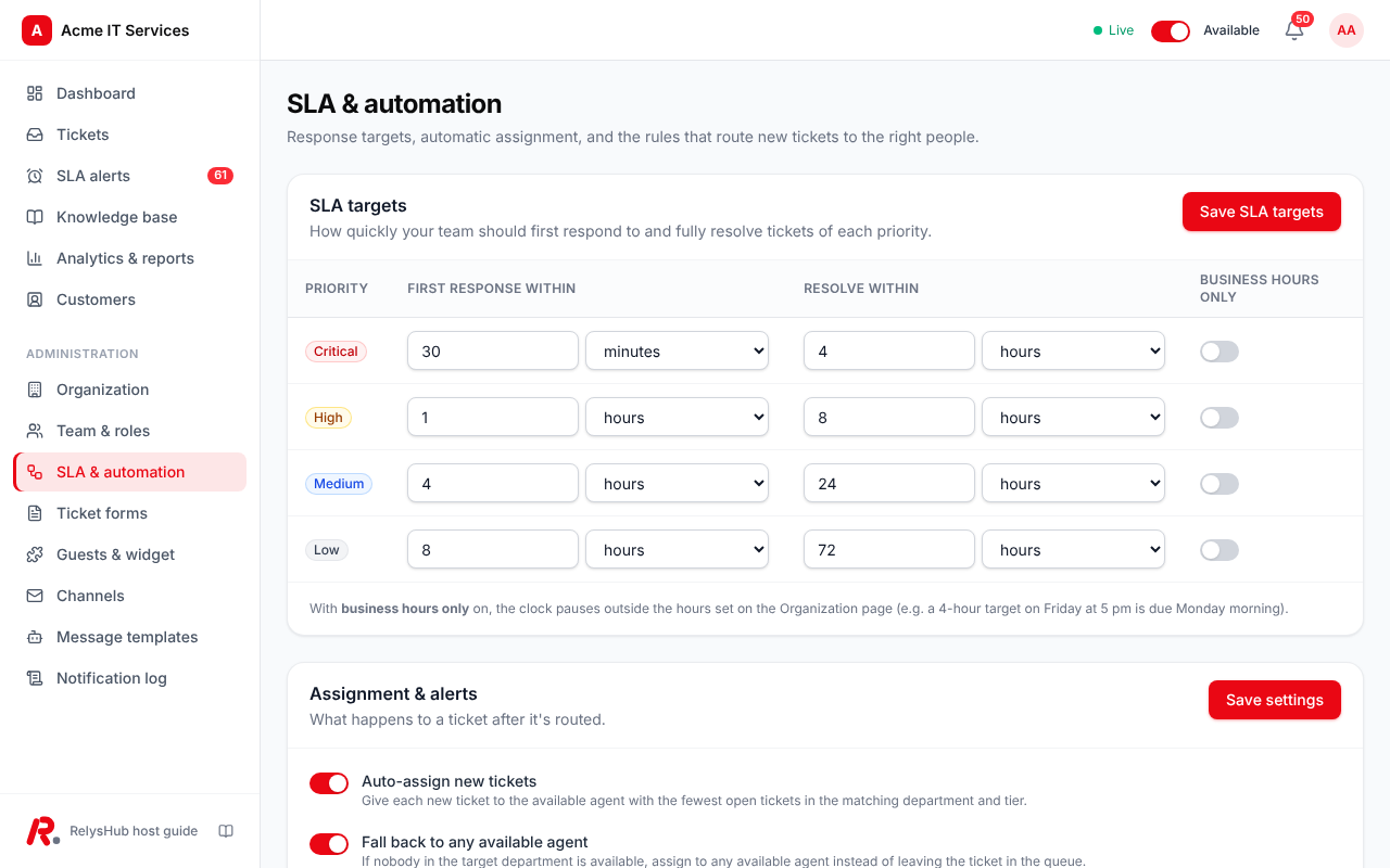 SLA and automation settings