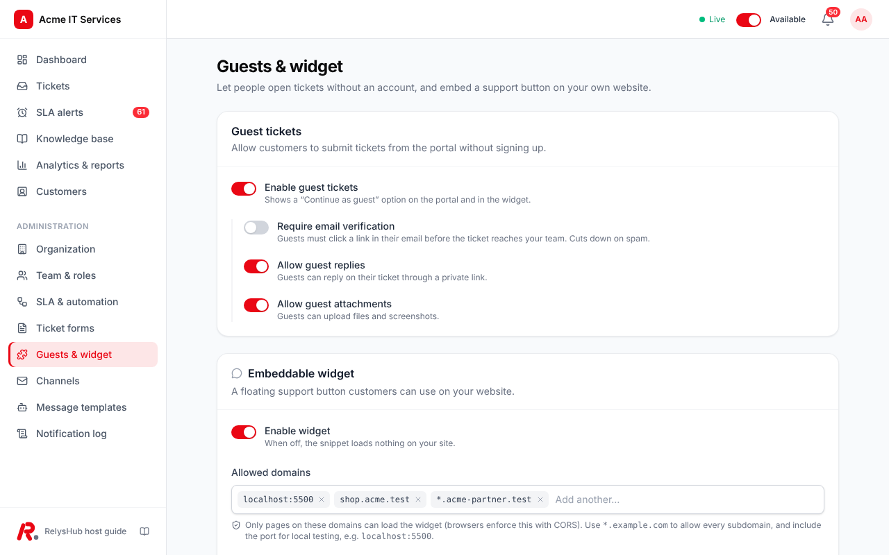 Guests and widget settings